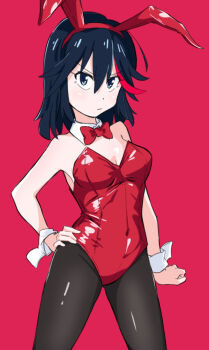 1girl animal_ear_hairband animal_ears black_hair black_pantyhose blue_eyes bow bowtie breasts covered_navel detached_collar fake_animal_ears hairband hand_on_own_hip highres kill_la_kill leotard matoi_ryuuko medium_breasts multicolored_hair pantyhose playboy_bunny r150tt0 rabbit_ears red_bow red_bowtie red_hair red_leotard short_hair solo strapless strapless_leotard streaked_hair two-tone_hair wrist_cuffs