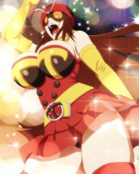 1girl absurdres anime_screenshot arm_up bare_shoulders belt belt_buckle breasts brown_hair buckle cowboy_shot dress elbow_gloves electro_wave_human_tackle female_focus gloves goggles helmet highres kamen_rider kamen_rider_stronger_(series) large_breasts long_hair open_mouth panties panty_peek red_dress red_helmet red_panties red_thighhighs solo sparkle stitched strapless strapless_dress teeth thighhighs thighs third-party_edit tongue toujima_tanzaburou_wa_kamen_rider_ni_naritai underwear very_long_hair yellow_gloves yuriko_okada
