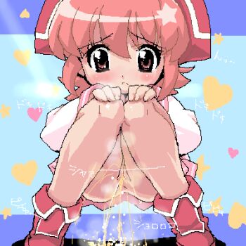 1girl anus behoimi blue_background blush boots brown_eyes brown_hair embarrassed hands_on_own_knees headscarf heart loli long_sleeves lowres no_panties pani_poni_dash! peeing pink_boots pink_shirt pink_skirt pixel_art pussy school_uniform shirt short_hair skirt squatting star_(symbol) steam tonnura_(artist) uncensored