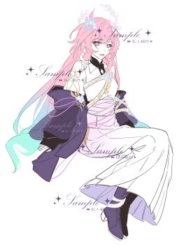 Rule 34 | 1girl, absurdres, adapted costume, aqua hair, breasts, chinese commentary, coat, commentary request, commission, cyrene (demiurge) (honkai: star rail), cyrene (honkai: star rail), cyrene (philia093) (honkai: star rail), diamond-shaped pupils, diamond (shape), dress, halo, highres, honkai: star rail, honkai (series), hyurns, long hair, looking at viewer, multicolored hair, pink hair, pointy ears, purple coat, purple eyes, sample watermark, self cosplay, simple background, smile, solo, symbol-shaped pupils, very long hair, watermark, white background, white dress, white hair