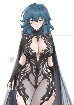 1girl absurdres black_cape black_dress black_gloves blue_eyes blue_hair blush breasts byleth_(fire_emblem) cape center_opening chascoby chronopattern_dress cleavage dress elbow_gloves female_byleth_(fire_emblem) fingerless_gloves fire_emblem fire_emblem:_three_houses gloves hair_between_eyes highres large_breasts long_hair looking_at_viewer medium_hair nintendo revealing_clothes simple_background smile solo thighs white_background