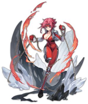 1girl artist_request blue_eyes bodysuit breasts chain cleavage code_geass curvy fire frown full_body gloves headband highres holding holding_chain kouzuki_kallen large_breasts looking_at_viewer mahjong_soul official_art order_of_the_black_knights_uniform red_bodysuit red_gloves red_hair red_headband solo tachi-e transparent_background wide_hips