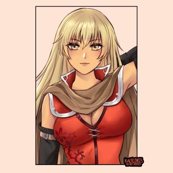 Rule 34 | 1girl, arm behind back, arm behind head, arm up, armpits, blonde hair, breasts, brown background, brown cape, cape, cleavage, dark-skinned female, dark skin, fire emblem, fire emblem: the binding blade, igrene (fire emblem), kalycoris, large breasts, long hair, looking at viewer, mole, mole under eye, nintendo, smile, solo, upper body, very long hair, yellow eyes