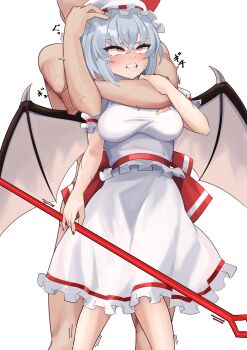 1boy 1girl absurdres anger_vein asphyxiation bat_wings blue_hair breasts captured clenched_teeth defeat hat highres holding holding_polearm holding_weapon mob_cap polearm red_eyes red_nails remilia_scarlet shinonome_zakuro shirt short_hair skirt sweat teeth torn_clothes touhou weapon white_background white_shirt white_skirt wings