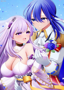 1boy 1girl absurdres ascot blue_eyes blue_hair breasts bridal_veil bride brother_and_sister cleavage dress fire_emblem fire_emblem:_genealogy_of_the_holy_war fire_emblem_heroes flower formal_clothes groom half-siblings happy highres holding_hands implied_incest julia_(bride)_(fire_emblem) julia_(fire_emblem) lace_collar large_breasts layered_dress long_hair looking_at_another mizumura_(midu_mura) nintendo official_alternate_costume open_mouth purple_eyes purple_hair seliph_(fire_emblem) seliph_(light&#039;s_legacy)_(fire_emblem) siblings strapless strapless_dress suit veil wedding_dress white_ascot white_petals white_suit