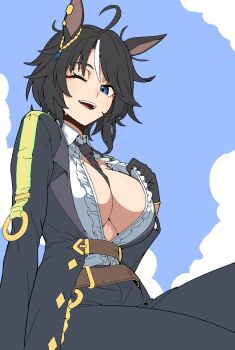 1girl ahoge between_breasts black_hair black_pants blue_eyes body_writing breasts center_frills center_opening flashing formicid frilled_shirt frills fuji_kiseki_(shooting_star_revue)_(umamusume) fuji_kiseki_(umamusume) green_eyes highres jacket large_breasts light_smile looking_at_viewer necktie necktie_between_breasts no_bra one_eye_closed open_clothes open_jacket open_mouth pants shirt short_hair sitting solo sweat umamusume unfinished