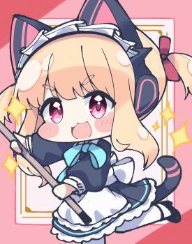 Rule 34 | 1girl, :3, :d, absurdres, animal ear headphones, animal ears, apron, aqua bow, aqua bowtie, back bow, black dress, black shoes, black tail, blonde hair, blue archive, blush stickers, borrowed clothes, bow, bowtie, broom, cat ear headphones, cat ears, cat tail, chibi, chibi only, collared dress, commentary request, contrast collar, dress, fake animal ears, fake tail, frilled dress, frills, hair bow, headphones, highres, holding, holding broom, leg up, long sleeves, looking at viewer, maid, maid apron, maid headdress, mary janes, momoi (blue archive), momoi (maid) (blue archive), no halo, official alternate costume, official alternate hairstyle, open mouth, pantyhose, pink background, pink eyes, puffy long sleeves, puffy sleeves, red bow, shoes, short hair, short twintails, sidelocks, smile, solo, sparkle, tail, twintails, v-shaped eyebrows, white apron, white bow, white pantyhose, yuuhikureroom6