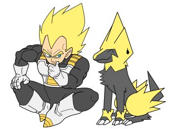 1boy 1girl alternate_color armor biceps blue_bodysuit bodysuit claws closed_mouth crossover dragon_ball full_body gen_3_pokemon gloves hairstyle_connection highres kirbyranitar looking_at_another manectric muscular nintendo no_humans pokemon pokemon_(creature) shiny_pokemon signature sitting smile spiked_hair standing super_saiyan super_saiyan_1 transparent_background vegeta white_gloves