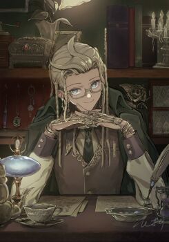 1boy bakesugi bespectacled black_necktie blonde_hair blue_eyes braid brown_vest desk glasses green_jacket hashtag-only_commentary highres jacket jacket_on_shoulders long_hair looking_at_viewer male_focus multiple_braids necktie quill shirt smile solo tribe_nine vest white_shirt zero_(tribe_nine)