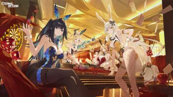 4girls abigail_(black_survival) abigail_(poker_face)_(black_survival) animal_ear_fluff animal_ears apple arm_garter arm_support armpits artist_request ass bare_legs bare_shoulders bent_over black_gloves black_hair black_hairband black_leotard black_survival blonde_hair blue_eyes blue_hair blue_leotard blue_nails bow bowtie breasts brown_pantyhose card chair check_artist cleavage closed_mouth clothing_cutout colored_inner_hair cropped_jacket crossed_legs cutout_above_navel dartboard detached_collar dice eternal_return:_black_survival expressionless fake_animal_ears fake_tail feather_boa fishnet_pantyhose fishnets food frown fruit gloves gold_trim gradient_gloves green_jacket hair_bow hair_ornament hairband hairclip halterneck hand_on_own_hip hand_up high_heels highleg highleg_leotard highres holding holding_money huhi_(huhi_1211) jacket jenny_sinclair jenny_sinclair_(queen_of_hearts) jewelry large_breasts legs leotard long_hair looking_at_viewer medium_breasts money multicolored_hair multicolored_jacket multiple_girls nail_polish nicky_blake nicky_blake_(bad_beat) off_shoulder official_alternate_costume official_art one_eye_closed open_clothes open_jacket open_mouth orange_eyes orange_jacket outstretched_arm pantyhose parted_bangs partially_fingerless_gloves playboy_bunny playing_card poker_chip poker_table ponytail rabbit_ears rabbit_tail red_leotard rio_(black_survival) rio_(winning_shot)_(black_survival) shirt side-tie_leotard sitting sleeveless sleeveless_shirt spaghetti_strap standing strapless strapless_leotard streaked_hair table tail thigh_strap thighlet thighs twintails twisted_torso two-tone_hair two-tone_jacket undershirt v-shaped_eyebrows very_long_hair white_gloves white_hair white_shirt wrist_cuffs yellow_leotard