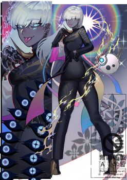 Rule 34 | 1girl, absurdres, ass, black gloves, black pants, blue eyes, boots, breasts, commentary request, dark-skinned female, dark skin, earrings, fate/grand order, fate (series), from behind, full body, genderswap, genderswap (mtf), gloves, glowing, glowing eye, hand on own chest, high heel boots, high heels, highres, indra (fate), jewelry, lightning bolt symbol, long hair, long sleeves, looking at another, looking back, medium breasts, pants, piercing, print pants, print shirt, rainbow, shirt, side capelet, solo, somagi 92, tongue, tongue out, tongue piercing, white hair