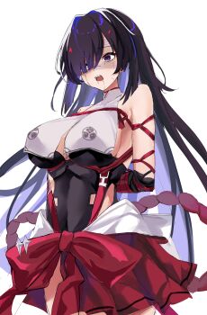 Rule 34 | 1girl, @ @, absurdres, arms behind back, bare shoulders, bdsm, black hair, black shirt, blue hair, bondage, bound, breast curtains, breasts, chaos zero nightmare, chizuru (chaos zero nightmare), choumiryou, clothing cutout, commentary request, covered erect nipples, drooling, hair ornament, highres, japanese clothes, large breasts, miko, multicolored hair, obi, one eye covered, purple eyes, sash, shibari, shirt, sideboob, tears, traumatized