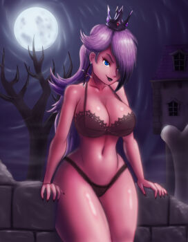 Rule 34 | 1girl, alternate costume, black lingerie, blocks, breasts, crown, curvy, dark sky, female focus, goth fashion, hair over one eye, holding, large breasts, lingerie, long hair, looking at viewer, mario (series), moon, moonlight, night, nintendo, outdoors, purple hair, purple lips, rosalina, saf-404, saf404, solo, standing, super mario galaxy, thick thighs, thighs, underwear