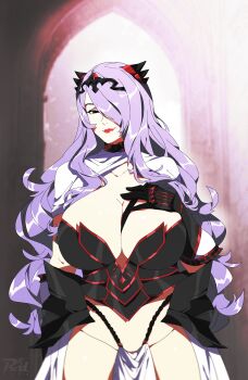 1girl absurdres armor black_gloves breasts camilla_(fire_emblem) cleavage fire_emblem fire_emblem_fates gloves hair_over_one_eye hand_on_own_chest highres huge_breasts long_hair looking_at_viewer nintendo purple_hair r3dfive solo wavy_hair