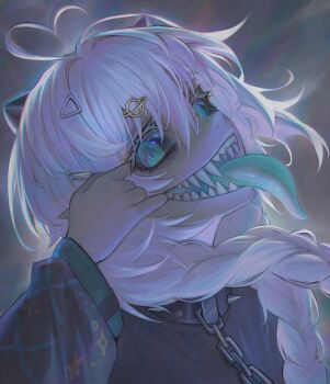 1girl absurdres ahoge black_collar black_sclera black_shirt blue_eyes blue_tongue braid chain chain_leash collar colored_sclera colored_tongue hair_between_eyes hair_ornament hairclip heart heart_ahoge highres leash long_hair long_sleeves long_tongue looking_at_viewer mdm4 open_mouth original sharp_teeth shirt smile solo spiked_collar spikes teeth tongue tongue_out twin_braids upper_body white_hair