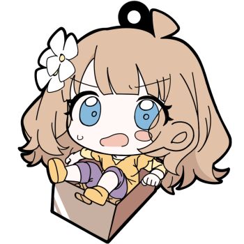 1girl blue_eyes box brown_hair cardboard_box chibi commentary_request flower hair_flower hair_ornament idolmaster idolmaster_million_live! in_box in_container meeeeeeco359 open_mouth pants shirt simple_background sitting solo suou_momoko sweatdrop transparent_background white_flower yellow_shirt