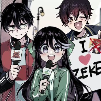 1girl 2boys ahoge black_choker black_eyes black_hair blush brown_eyes choker commentary cross cross_earrings double-parted_bangs earrings english_commentary green_eyes green_jacket hair_between_eyes highres holding holding_microphone i_heart... jacket jewelry long_hair looking_at_viewer microphone multiple_boys one_eye_closed open_clothes open_jacket open_mouth original red_hair red_jacket ryuuxin sadie_(ryuuxin) smile