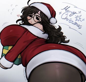 1girl :o ass bare_shoulders black_eyes black_hair black_pantyhose blush_stickers box breast_rest breasts commentary curvy dot_nose dress english_text fur-trimmed_dress fur-trimmed_headwear fur_trim gift gift_box hat highres holding holding_gift huge_breasts long_hair long_sleeves looking_back merry_christmas mole mole_under_eye no_pupils no_sclera original pantyhose raised_eyebrows red_dress red_hat short_dress simple_background solo symbol-only_commentary tada_hajime tareme thick_thighs thighs wavy_hair white_background