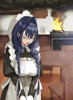 1girl absurdres apron black_dress blue_hair braid chair closed_eyes commentary daaku_(koizumi_arata) dress english_commentary fire hair_intakes hair_ribbon hat highres hololive hololive_english indoors low_twin_braids maid_apron mob_cap open_mouth ouro_kronii ouro_kronii_(maid) ribbon smoke solo stove table teeth textless_version twin_braids virtual_youtuber white_apron white_ribbon