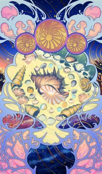 Rule 34 | beach, bubble, clam shell, commentary, conch, fate/grand order, fate (series), no humans, official art, palm tree, sand, scallop, seashell, shell, still life, third-party source, tree, water, yamaneko (lasengle)