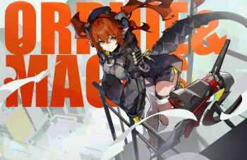 1girl absurdres against_railing black_dress black_thighhighs breasts character_name commentary dragon_girl dragon_horns dress english_commentary green_eyes highres horns kuno_(runkunochan) long_hair magus_(zenless_zone_zero) mechanical_horns mechanical_tail medium_breasts orange_pupils orphie_magnusson outdoors pointy_ears railing red_hair second-party_source smile solo tail thighhighs zenless_zone_zero zipper_dress