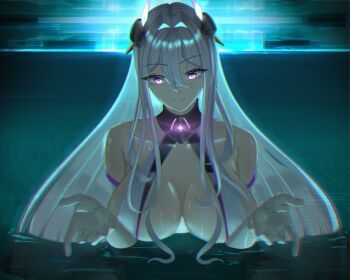 1girl absurdres artknight045 azur_lane beckoning breasts chainsaw_man commentary_request glowing glowing_eyes grey_hair highres i'll_teach_you_everything_(chainsaw_man) in_water kearsarge_(azur_lane) large_breasts light_reflection_(water) long_hair looking_at_viewer movie_reference open_hands partially_submerged pool purple_eyes scene_reference smile solo water wet