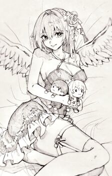 1girl angel_wings bare_shoulders braid breasts character_doll cleavage closed_mouth collarbone commander_(nikke) doll dorothy_(nikke) dorothy_(nostalgia)_(nikke) dress feathered_wings goddess_of_victory:_nikke greyscale hair_bun hair_ribbon halter_dress halterneck holding kumi_(nikke985427849) large_breasts long_hair looking_at_viewer lying monochrome official_alternate_costume on_side pinne_(nikke) ribbon smile solo wings