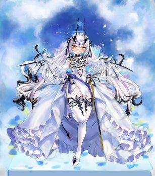 1girl absurdres blush breasts bride clothing_cutout commentary_request dragon_wings dress elbow_gloves falling_petals fate/grand_order fate_(series) forked_eyebrows gloves hair_ribbon highres horns klash long_hair looking_at_viewer melusine_(celebratory_attire)_(fate) melusine_(fate) navel_cutout open_hands outdoors outstretched_arm outstretched_hand palms parted_lips pelvic_curtain petals reaching reaching_towards_viewer ribbon showgirl_skirt side_cutout sidelocks small_breasts smile solo spread_fingers thighhighs thighs twintails wedding white_dress white_gloves white_hair white_thighhighs wings yellow_eyes