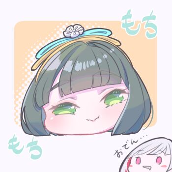 Rule 34 | 2girls, 3:, :i, absurdres, black hair, blue ribbon, blunt bangs, blush stickers, border, bow hairband, celebration! (love live!), chibi, chibi only, commentary request, green eyes, hair ribbon, hairband, halftone, halftone background, head only, highres, kirisaki nuko, link! like! love live!, looking at viewer, love live!, momose ginko, multiple girls, orange background, outside border, pink eyes, puffy cheeks, red streaks, ribbon, split mouth, virtual youtuber, white border, white hair, yellow hairband, yugiri tsuzuri