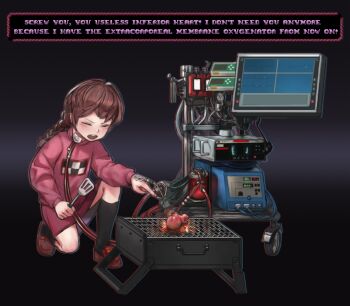1girl black_socks blush braid brown_hair cardiogram closed_eyes cooking english_text female_focus full_body gradient_background grill grilling guro heart_(organ) kinshi76 kneehighs loafers long_hair long_sleeves machine madotsuki monitor on_one_knee open_mouth pink_sweater pointing self-harm shoes skirt socks solo spatula sweater twin_braids yume_nikki