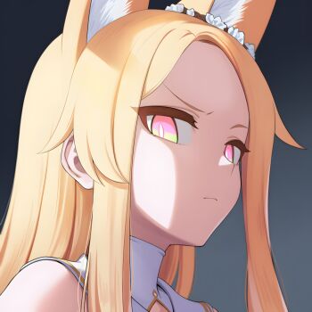 1girl angry animal_ear_fluff animal_ears bad_tag bare_shoulders blonde_hair blue_archive bright_pupils closed_mouth extra_ears female flower forehead fox_ears fox_girl frown glaring gradient_background gradient_eyes grey_background hair_flower hair_ornament long_hair looking_at_viewer multicolored_eyes orange_eyes parted_bangs raised_eyebrow sailor_collar seia_(blue_archive) shaded_face sidelocks simple_background solo two-tone_eyes upper_body v-shaped_eyebrows white_pupils white_sailor_collar yellow_eyes