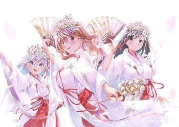 3girls :d absurdres amagami-san_chi_no_enmusubi amagami_asahi amagami_yae amagami_yuna animal_print arm_up bell bird_print black_hair blue_eyes blue_hair breasts chihaya_(clothing) closed_mouth clothing_cutout commentary_request crane_print dancing double-parted_bangs falling_petals flower folding_fan from_side hair_between_eyes hair_flower hair_ornament hair_ribbon hakama hakama_skirt hand_fan hand_up highres hip_vent holding holding_fan japanese_clothes jingle_bell kagura_suzu kanzashi kosode long_bangs long_hair looking_at_viewer looking_to_the_side marcey medium_hair miko multiple_girls official_art open_mouth orange_hair petals ponytail purple_eyes red_hakama red_ribbon red_rope ribbon rope second-party_source siblings sidelocks sisters skirt smile straight_hair tassel teeth tress_ribbon turning_head upper_teeth_only