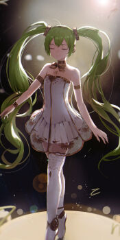 1girl absurdres armlet asymmetrical_legwear ballerina ballet_slippers bare_shoulders bracelet breasts closed_eyes closed_mouth collarbone dress gold_armlet gold_bracelet gold_choker gramophone_miku green_hair hair_between_eyes hair_ornament hatsune_miku highres jewelry jianjia long_hair miku_symphony_(vocaloid) official_alternate_costume official_alternate_hairstyle see-through_clothes see-through_dress single_thighhigh small_breasts strapless strapless_dress thighhighs twintails very_long_hair vocaloid white_dress white_thighhighs