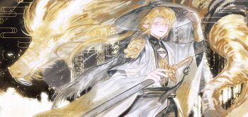 Rule 34 | 1boy, absurdres, adjusting clothes, adjusting headwear, ajirogasa, alternate costume, alternate hair length, alternate hairstyle, aotu world, armor, bishounen, black pants, black sash, black shirt, blonde hair, blue eyes, chinese clothes, chinese commentary, chinese text, cleavage cutout, clothing cutout, dragon, eastern dragon, floating hair, fur trim, hand up, hanfu, hat, high ponytail, highres, holding, holding sword, holding weapon, jewelry, jian (weapon), king (aotu world), light particles, long hair, long sleeves, looking at viewer, male focus, mandarin collar, pants, parted lips, plutoray, pointy ears, ponytail, robe, sash, see-through clothes, see-through veil, sheath, sheathed, shirt, shoulder armor, signature, smile, smoke, solo, sparkle, sword, sword tassel, tassel, veil, weapon, weimao, white hanfu, wide sleeves