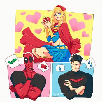 1girl 2boys apple blonde_hair blue_eyes blue_skirt border bow cosplay crossed_arms dc_comics deadpool deadpool_(series) food fruit heart holding holding_food holding_fruit htnks2 jason_todd marvel multiple_boys red_bow skirt snow_white_(disney) snow_white_(disney)_(cosplay) spoken_sweatdrop supergirl sweatdrop thighhighs white_border zettai_ryouiki