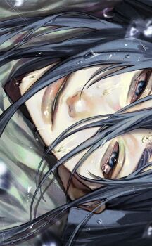 1girl aegyo_sal bloodshot_eyes blue_eyes blue_hair close-up hair_between_eyes half-closed_eyes highres kasahara_iji long_hair looking_at_viewer original parted_lips portrait rain sideways_glance smile solo