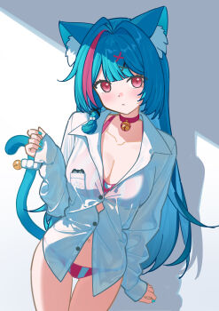 1girl absurdres animal_ear_fluff animal_ears aqua_bikini aqua_nails bell bikini blue_hair blush breasts cat_ears cat_girl cat_tail choker cleavage closed_mouth commentary cowboy_shot cross_in_eye fingernails hair_ornament hand_up highres large_breasts long_hair long_sleeves looking_at_viewer mint_(leisurely_holiday)_(nte) mint_(nte) multicolored_bikini multicolored_hair nagisa_(cxcx5235) nail_polish navel neck_bell neverness_to_everness no_pants official_alternate_costume partially_unbuttoned pink_eyes pink_hair pink_streaks red_bikini red_choker see-through_clothes see-through_shirt shirt solo streaked_hair swimsuit tail tail_bell tail_ornament tail_raised two-tone_bikini two-tone_hair untranslatable_commentary x_hair_ornament
