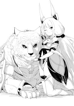 Rule 34 | 1girl, animal ear fluff, animal ears, breasts, cat, cat ears, cat girl, chin bell, claws, closed mouth, commentary request, covered navel, dromarch (xenoblade), greyscale, highres, kneeling, long hair, monochrome, nia (blade) (xenoblade), nia (xenoblade), one eye closed, small breasts, smile, snout, xenoblade chronicles (series), xenoblade chronicles 2