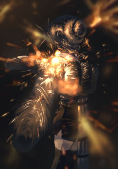 1girl apron black_gloves black_shorts black_thighhighs bomb_devil_(chainsaw_man) chainsaw_man dynamite explosive gloves grey_apron highres imminent_explosion object_head pointing pointing_at_viewer sf10320065 shorts solo sparks teeth thighhighs