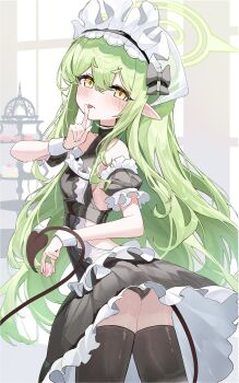 1girl absurdres alternate_costume ass bare_shoulders black_dress black_panties black_thighhighs blue_archive blush breasts demon_girl demon_tail dress finger_to_mouth green_hair green_halo hair_between_eyes halo highres hikari_(blue_archive) kabedoru long_hair maid_headdress open_mouth panties pointy_ears shushing sidelocks small_breasts solo tail thighhighs tongue tongue_out underwear yellow_eyes
