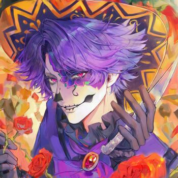 1boy absurdres black_gloves black_hat collar facepaint facial_mark flower frilled_collar frills gem gloves hair_intakes hat highres holding holding_knife identity_v knife looking_at_viewer male_focus norton_campbell norton_campbell_(soul_catcher) pink_eyes portrait purple_hair purple_shirt red_flower red_gemstone red_rose rose shirt smile solo xiaomianduoshao