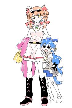 2girls aged_down bag bangle black_boots blue_bow blue_eyes blue_hair blue_skirt boots bow bracelet child commentary_request dress drill_hair earrings eyewear_on_head full_body grey_hoodie hair_bow holding holding_bag hood hoodie jewelry long_hair looking_at_viewer multiple_girls necklace open_mouth patchwork_clothes pendant pink_dress re_ghotion shoes shoulder_bag siblings simple_background sisters skirt sleeveless sleeveless_dress stuffed_animal stuffed_cat stuffed_toy sunglasses touhou twin_drills very_long_hair white_background yorigami_jo'on yorigami_shion