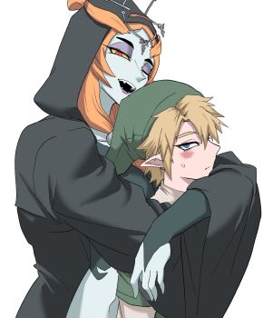 arms_around_neck blonde_hair blue_eyes blush colored_skin commentary_request green_hat green_tunic hat highres link looking_at_viewer midna midna_(true) nasu_(ilo_a5) nintendo open_mouth orange_hair red_eyes sharp_teeth simple_background teeth the_legend_of_zelda the_legend_of_zelda:_twilight_princess tunic