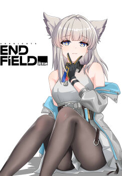 1girl animal_ears arknights arknights:_endfield bare_shoulders black_gloves blue_eyes breasts bright_pupils commentary copyright_name feet_out_of_frame gloves grey_hair grey_jacket grey_pantyhose hand_up highres jacket knees_up long_hair long_sleeves maxwelzy off_shoulder pantyhose perlica_(arknights) sitting sleeveless small_breasts solo thighs v white_background white_pupils