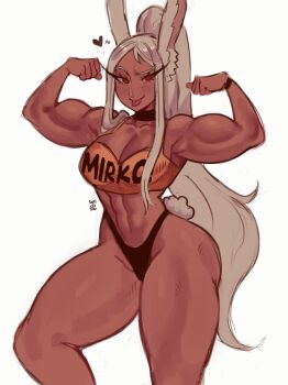 1girl absurdres animal_ears arms_up black_choker black_panties boku_no_hero_academia breasts choker cleavage closed_mouth commentary cowboy_shot dark-skinned_female dark_skin english_commentary flexing grey_hair heart highleg highleg_panties highres large_breasts long_eyelashes long_hair looking_at_viewer mirko muscular muscular_female panties parted_bangs rabbit_ears rabbit_girl rabbit_tail red_eyes simple_background smile solo sports_bra tail thick_thighs thighs tongue tongue_out underwear white_background widisu yellow_sports_bra