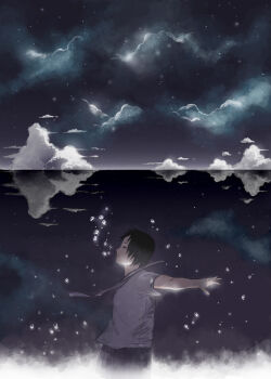 Rule 34 | 1girl, air bubble, bad id, bad pixiv id, black hair, bubble, cloud, female focus, horizon, original, partially underwater shot, reflection, school uniform, serafuku, shiira, short hair, sky, solo, star (symbol), underwater