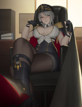 1girl absurdres black_boots black_cape black_gloves black_pantyhose black_skirt boots braid breasts cape chair chinese_commentary cleavage commentary_request computer crossed_legs epaulettes gloves grey_hair hair_between_eyes hat high-waist_skirt highres holding holding_leash indoors knee_boots large_breasts leash long_hair looking_at_viewer military_hat military_uniform nerida_-_styx_envoy_(dawn&#039;s_command) nerida_morozova official_alternate_costume on_chair pantyhose parted_lips partially_unbuttoned peaked_cap pencil_skirt pov red_cape red_eyes sa-baaa shirt sidelocks sitting skirt sleeveless sleeveless_shirt snowbreak:_containment_zone solo swept_bangs table two-sided_cape two-sided_fabric viewer_on_leash white_shirt
