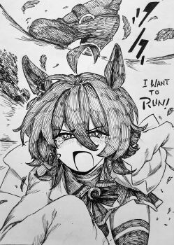 1girl absurdres agnes_tachyon_(umamusume) ahoge animal_ears bow bowtie chronozbergh commentary cowboy_shot english_text footwear_focus hair_between_eyes half-closed_eyes hatching_(texture) high_heels highres horse_ears horse_girl horseshoe_ornament lab_coat leaf leaning_forward linear_hatching long_sleeves mary_janes medium_hair messy_hair miniskirt monochrome multiple_views open_mouth outdoors running running_towards_viewer sailor_collar school_uniform shirt shoes skirt sleeves_past_fingers sleeves_past_wrists solo sound_effects teardrop tearing_up thighhighs tracen_school_uniform traditional_media umamusume v-shaped_eyebrows zettai_ryouiki