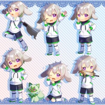 1boy :d :o animal_ears arm_up axe black_shorts blue_background brown_hair commission crossover diagonal-striped_background drawstring gradient_background green_hair gun hair_between_eyes hand_up head_tilt holding holding_axe holding_gun holding_weapon hood hood_down hooded_jacket jacket kou_hiyoyo loafers long_sleeves male_focus multicolored_hair multiple_views nintendo open_mouth outstretched_arm pink_background pointing pokemon pokemon_(creature) puffy_long_sleeves puffy_sleeves purple_eyes rabbit_ears shoes shorts skeb_commission sleeves_past_wrists smile socks sprigatito streaked_hair striped_background virtual_youtuber weapon weapon_request white_jacket white_shoes white_socks