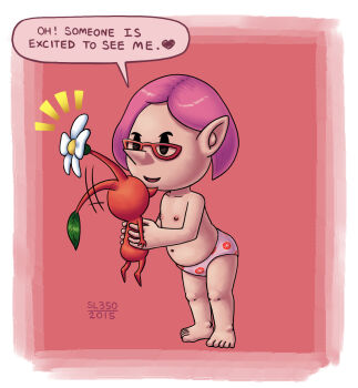 Rule 34 | 1girl, 1other, 2015, artist name, bare legs, barefoot, brittany (pikmin), collarbone, english text, feet, flat chest, flower, heart, highres, holding person, leaf, motion lines, navel, nipples, panties, panties, parted lips, pikmin (creature), pikmin (series), pikmin 3, pink hair, pink panties, pointy ears, pointy nose, red-framed eyewear, red background, red pikmin, short hair, simple background, sl350, smile, speech bubble, spoken heart, standing, toes, topless, underwear